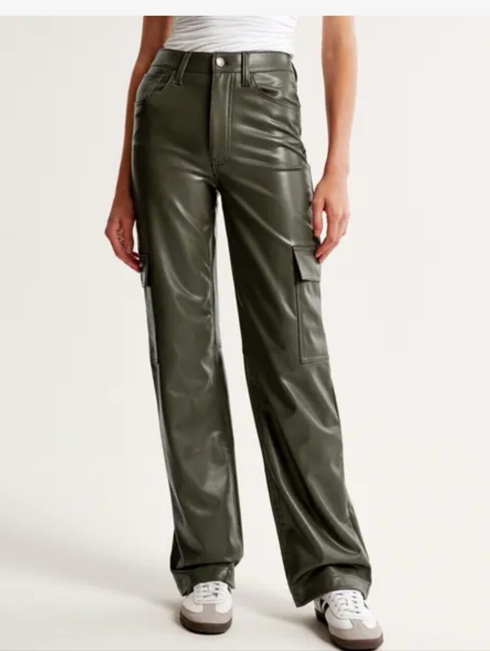 Abercrombie & Fitch Faux Leather Relaxed High Rise Cargo Pants - Olive